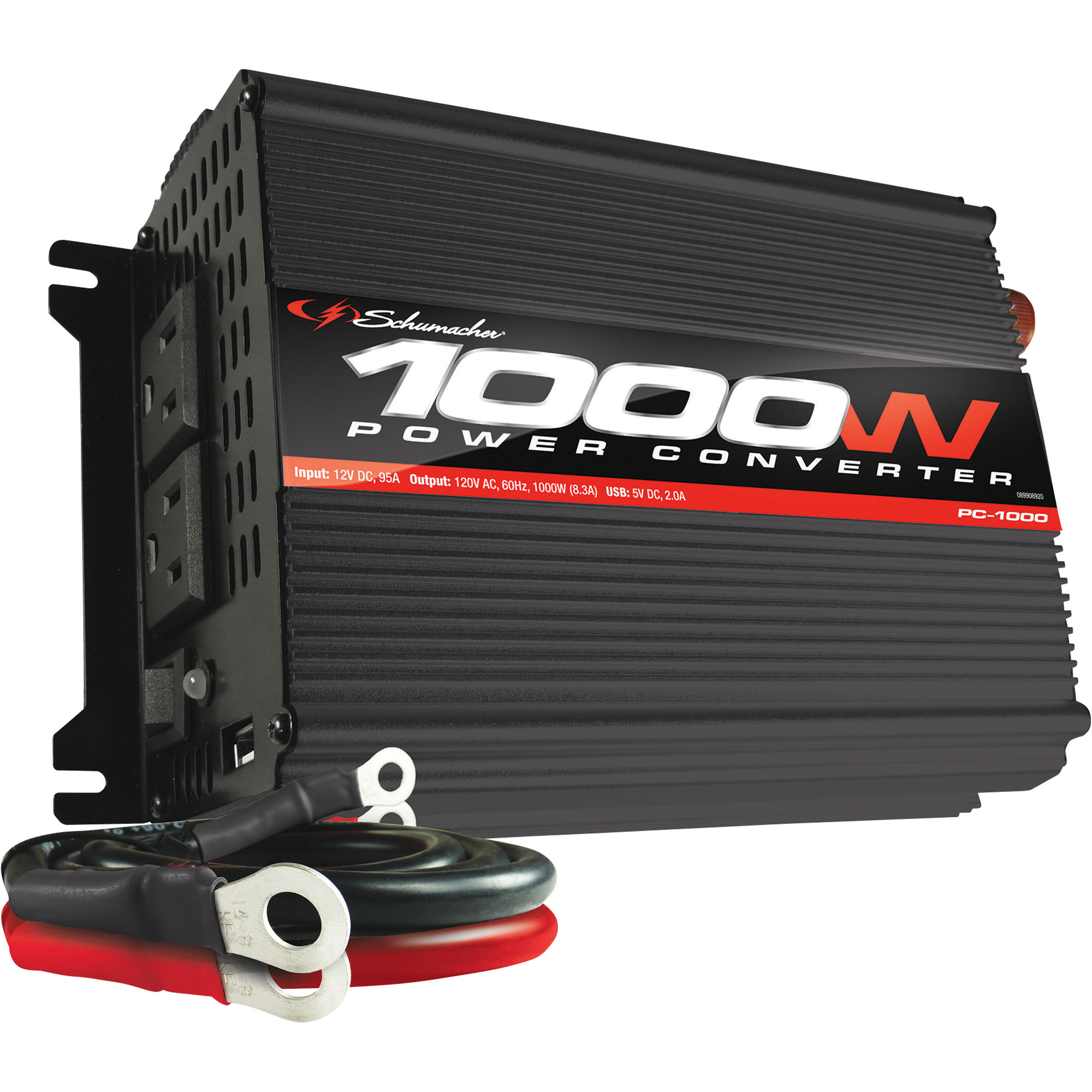 Schumacher Modified Sine Wave Power Converter with Cables, 1000 Watts, 2 AC Outlets/1 USB Port, Model# PC-1000